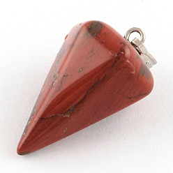 Piedra Roja Colgantes de jaspe rojo sintético cono / espiga / péndulo, con fornituras de hierro plateado platino, 25~27x14x14 mm, agujero: 6x3 mm