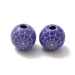 Purple Halloween Printed Spider Webs Colored Wood European Beads, Large Hole Beads, Round, Purple, 16mm, Hole: 4mm