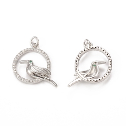 Platinum Brass Micro Pave Cubic Zirconia Bird Pendants, with Jump Ring, Ring with Toucan Charm, Platinum, 21x22.5x4mm, Hole: 3mm