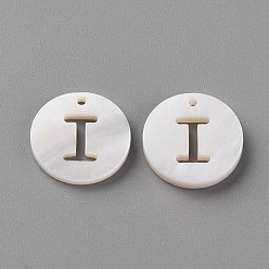 Letter I Natural Freshwater Shell Pendants, Flat Round with Letter, Letter.I, 12x1.5mm, Hole: 1mm