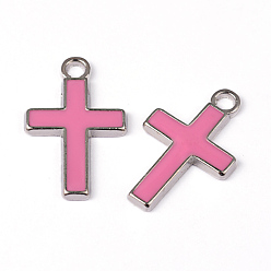 Pearl Pink Alloy Enamel Pendants, Lead Free and Cadmium Free, Cross, Platinum Color, Pearl Pink, 26x16x2mm, Hole: 3mm