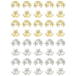 Platine & Or 600pcs 2 capuchons de perles fantaisie en fer plaqué couleurs, fleur, 3 pétales, en filigrane, platine et d'or, 8.5~12x10~14x4~6mm, Trou: 1.2mm, 300 pcs / couleur