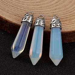Opalite Bullet Opalite Pendants, with Platinum Tone Alloy Findings, 33~40x8~10mm, Hole: 3x2mm