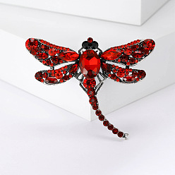 Roja Broche de la aleación, alfiler de diamantes de imitación, joyas para mujeres, libélula, rojo, 50x62 mm