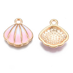 Pink Alloy Enamel Pendants, Cadmium Free & Lead Free, Light Gold, Shell, Pink, 17x16x3.5mm, Hole: 2mm