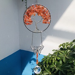 Carnelian Glass Teardrop Pendant Decoration, Hanging Suncatchers, with Natural Carnelian Chip Tree of Life, for Window Home Garden Decoration, Butterfly, 370mm