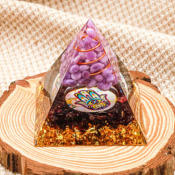 Orchid Resin Orgonite Pyramid Home Display Decorations, with Natural Gemstone Chips, Orchid, 50x50x50mm