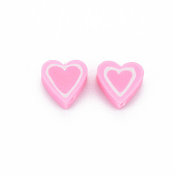 Pink Handmade Polymer Clay Beads, Heart, Pink, 8.5~9x8.5~10x4mm, Hole: 1.4~1.6mm