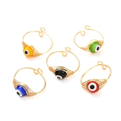 Mixed Color Copper Wire Wrapped Handmade Lampwork Adjustable Rings for Women or Men, Evil Eye Cuff Finger Rings, Real 18K Gold Plated, Mixed Color, 1mm, Inner Diameter: 19mm