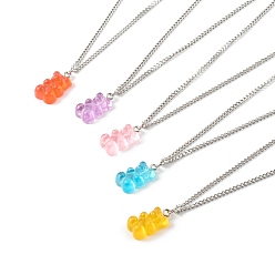 Mixed Color Transparent Resin Bear Pendant Necklaces, with 304 Stainless Steel Lobster Claw Clasps, Stainless Steel Color, Mixed Color, 15.87 inch(40.3cm)