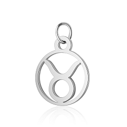 Taurus 304 Stainless Steel Charms, with Jump Rings, Polished, Flat Round with Constellation, Taurus, 13x11x1mm, Hole: 2.5mm