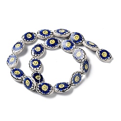 Royal Blue Handmade Porcelain Beads, Famille Rose Porcelain, Oval with Flower, Royal Blue, 19x14~16x5~6mm, Hole: 1.2mm