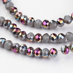 Gray Electroplate Glass Beads Strands,  Half Plated, Faceted Rondelle, Gray, 6x4mm, Hole: 1mm, about 100pcs/strand, 15.7 inch