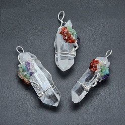 Silver Natural Quartz Crystal Big Pendants, with Mixed Gemstone Chips and Brass Findings, Nuggets, Silver, 60~110x20~27mm, Hole: 7x10mm