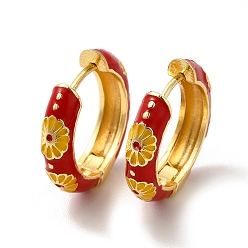 FireBrick Daisy Flower Enamel Hoop Earrings, Real 18K Gold Plated Brass Jewelry for Women, Lead Free & Cadmium Free, FireBrick, 19x4.5x19.5mm, Pin: 1mm
