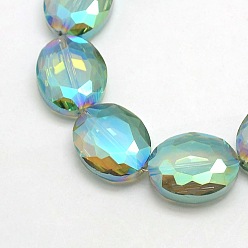 Medium Aquamarine Faceted Electroplate Crystal Glass Oval Beads Strands, Rainbow Color Plated, Medium Aquamarine, 20x16x8mm, Hole: 1mm, about 35pcs/strand, 27.5 inch