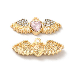 Pink Rack Plating Alloy Rhinestone Charms, with Glass, Nickel Free, Heart with Wings, Golden, Pink, 10.5x27.5x5mm, Hole: 1.6mm