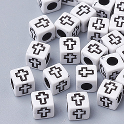 White Craft Style Acrylic Beads, Cube with Cross, White, 6x6x6mm, Hole: 3mm, about 3000pcs/500g