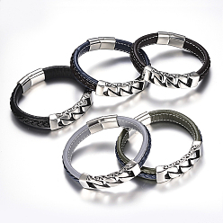 Couleur Mélangete Tressée PU bracelets cordon en cuir pour hommes, avec 304 accessoires en acier inoxydable et les fermoirs magnétiques, rectangle, couleur mixte, 8-5/8 pouces (220 mm)