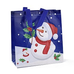 Muñeco de nieve Bolsas impermeables no tejidas laminadas con tema navideño, bolsas de compras reutilizables de almacenamiento resistente, rectángulo con asas, azul oscuro, patrón de muñeco de nieve, 26.8x12.2x28.7 cm