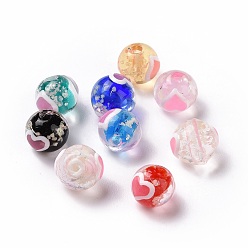 Mixed Color Handmade Lampwork Beads, Round with Heart, Mixed Color, 10x9mm, Hole: 1.4mm