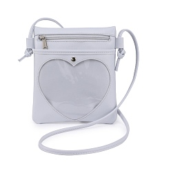 WhiteSmoke PU Leather Crossbody Bags, Rectangle Women Bags, with Heart Clear Window & Zipper Lock, WhiteSmoke, 21.5x19x1cm