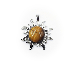 Tiger Eye Natural Tiger Eye Pendants, Sun Charms, with Platinum Plated Alloy Findings, 39x39mm