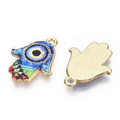 Dodger Blue Printed Light Gold Tone Alloy Pendants, Hamsa Hand with Eye Charms, Dodger Blue, 23x18x2mm, Hole: 1.4mm