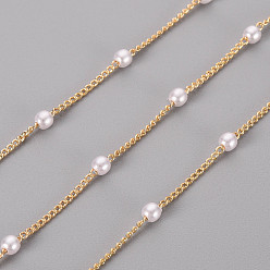 Real 18K Gold Plated Handmade Brass Curb Chains, with ABS Plastic Imitation Pearl Beads, Soldered, with Spool, Real 18K Gold Plated, 1.5x1x0.3mm, about 16.4 Feet(5m)/roll