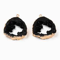 Black Druzy Resin Pendants, Imitation Geode Druzy Agate Slices, with Edge Light Gold Plated Iron Loops, Nuggets, Black, 38~39x32.5~33.5x7~8mm, Hole: 1.6mm