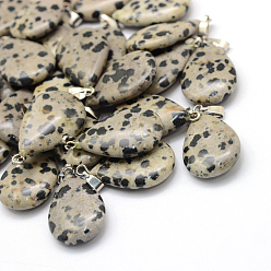 Dalmatian Jasper Teardrop Natural Dalmatian Jasper Pendants, with Platinum Tone Brass Findings, 25~29x16~17x5~6mm, Hole: 2x7mm