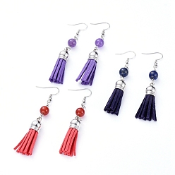Mixed Color Faux Suede Tassel Dangle Earrings, with Natural Gemstone Beads and 304 Stainless Steel Earring Hooks, Mixed Color, 75mm