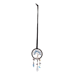Colorful Iron Hanging Suncatchers, with Glass and Kyanite Beads, Ribbon, Covered with Leather and Brass Cord, Flat Round with Tree of Life, Colorful, 430mm