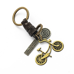 Bicycle Punk Style Woven Cow Leather Alloy Pendant Keychain, for Car Key Pendant, Bicycle Pattern, 10cm, pendant: 5cm