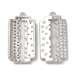 Real Platinum Plated Brass & Cubic Zirconia Pendants, Blade Charm, Real Platinum Plated, 32x15x4mm, Hole: 1.6mm