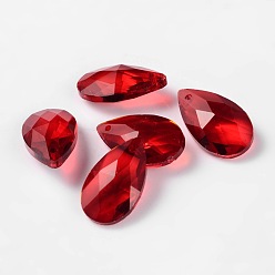 Red Faceted Teardrop Glass Pendants, Red, 22x13x7mm, Hole: 1mm
