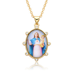 Bleu Collier ovale en résine sur le thème de la religion avec pendentif en strass, collier en laiton doré, bleu, 19.69 pouce (50 cm)