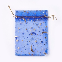 Blue Organza Bags, with Moon and Star Pattern, Blue, 11.4~12.4x8.8~9cm