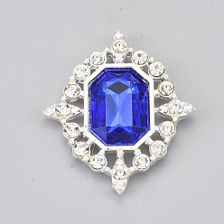 Blue Alloy Cabochons, with Acrylic Rhinestone and Glass Rhinestone, Faceted, Oval, Silver, Blue, 31x26.5x5~6mm