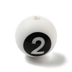 Blanc Rond avec chiffre noir 2 perles en silicone, perles à mâcher pour les jouets de dentition, Diy soins infirmiers colliers faisant, blanc, 14.5~15x14.5mm, Trou: 2mm