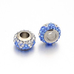 Light Sapphire Nice Large Hole Rondelle 304 Stainless Steel Polymer Clay Pave Two Tone Rhinestone European Beads, Stainless Steel Color, Light Sapphire & Crystal, 12x7mm, Hole: 5mm