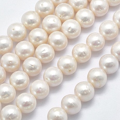 Beige Natural Cultured Freshwater Pearl Beads Strands, Round, Beige, 11~12mm, Hole: 0.8mm, about 38pcs/strand, 15.3 inch