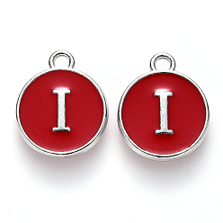 Letter I Platinum Plated Alloy Enamel Charms, Cadmium Free & Lead Free, Enamelled Sequins, Flat Round with Letter, Red, Letter.I, 14x12x2mm, Hole: 1.5mm