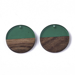Vert Mer Pendentifs en résine transparente et bois de noyer, plat rond, vert de mer, 28.5x3.5~4mm, Trou: 1.5mm