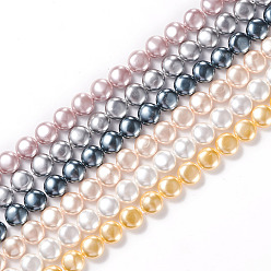 Mixed Color Electroplated Shell Pearl Beads Strands, Polished, Flat Round, Mixed Color, 9.5~10x5~5.5mm, Hole: 1mm, about 41pcs/strand, 16.14 inch(41cm)