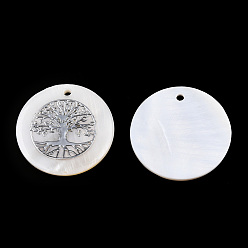 Platinum Freshwater Shell Pendants, Covered with Iron Findings, Flat Round with Tree of Life, Platinum, 30~31x2~3mm, Hole: 1.8mm