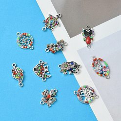 Mixed Color 10Pcs 10 Styles Alloy Connector Charms, with Resin and Rhinestone, Butterfly & Turtle & Owl, Mixed Shapes, Antique Silver, Mixed Color, 10.5~27.5x13~23x2~4mm, Hole: 1.6~2mm, 1pc/style