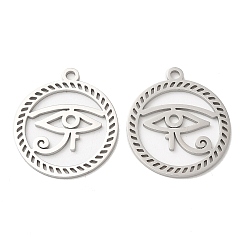 Stainless Steel Color 304 Stainless Steel Pendants, Flat Round with Eye of Horus Charm, Stainless Steel Color, 28x24.5x1.5mm, Hole: 2mm