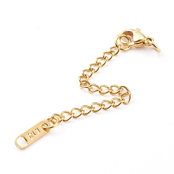 Golden 304 Stainless Steel Chain Extender, Chain Tabs with Word K14, and Lobster Claw Clasps, Golden, 64~80mm