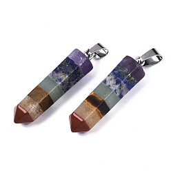 Colorful Assembled Natural Topaz Jade & Red Jasper & Red Agate & Lapis Lazuli & Quartz Crystal & Green Aventurine & Amethyst Pointed Pendants, with Stainless Steel Bails, Bullet, Colorful, 35x10x9mm, Hole: 7x4mm